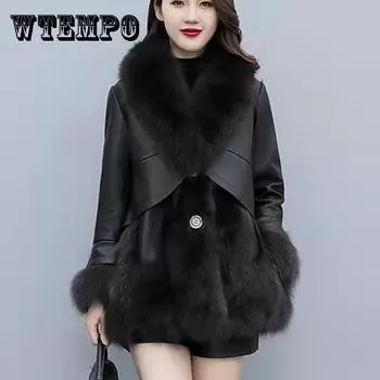 Шуба женская зимняя средняя и длинная искусственная кожа пэчворк толстое пальто S чёрный