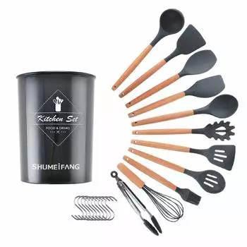shumeifang Kitchen Tool 11 Piece Cooking Confectionery Pasta Black Set, Silicone, Wooden, Set, Utensils, Utensils, Tipps, Whisper, Spatula, Spatula, чёрный