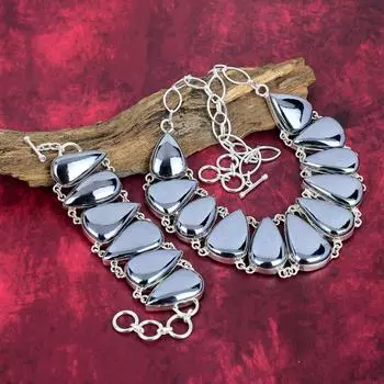 Браслет и ожерелье из стерлингового серебра 925 пробы с шунгитом, ювелирные изделия из драгоценных камней, комплект ювелирных изделий с регулируемой цепочкой ручной работы для нее Adjustable With 8 -18 серый