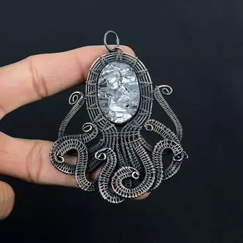 Шунгитовый драгоценный камень ручной работы из чистой медной проволоки, ювелирный кулон для женщин 2.56 Inches серый