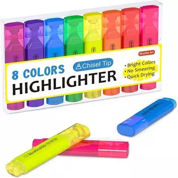 Shuttle Art Highlighter 8 Color Highlighter Bright Chisel Water Quick Large Underline Notebook Office Pen, Set, Marker, Color, Tip, Based, Drying,