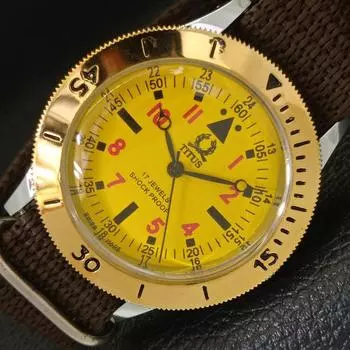 ШВЕЙЦАРСКИЕ МУЖСКИЕ 40 ММ ВОССТАНОВЛЕННЫЕ ЧАСЫ TITUS С ПОВОРОТНЫМ БЕЗЕЛЕМ И ЖЕЛТЫМ ЦИФЕРБЛАТОМ 430511-2 R103-a430511