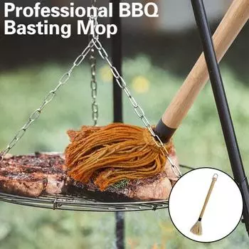 Швабра для наметки гриля, головка из хлопкового волокна, ультра впитывающая щетка, равномерно распределяется, легко окунается, съемная, профессиональная деревянная швабра с длинной ручкой, швабра для барбекю, кухонный гаджет S