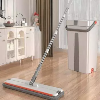 Швабра и ведро с отжимом, большая плоская швабра для пола и ведро для влажной и сухой уборки с вращающейся на 360° головкой швабры для уборки белый