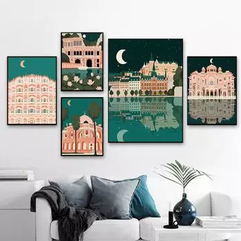 Швеция Индия Ночь Хава Махал Обезьяна Храм Ворота Настенная Живопись Холст Картина Скандинавский Плакат И Печать Картины Для Декора Гостиной 21x30cm No Framed белый