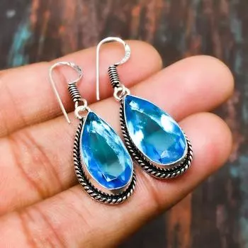 Швейцарский голубой топаз, драгоценный камень 925 пробы, красивые ювелирные серьги ручной работы из серебра 1.51 Inches синий