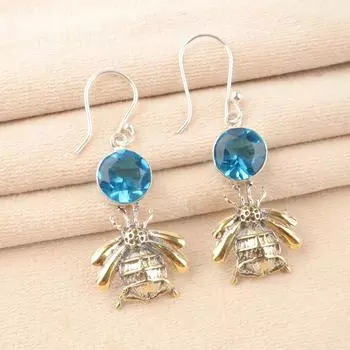 Швейцарский голубой топаз драгоценный камень 925 стерлинговое серебро ювелирные изделия ручной работы серьги-крючки 2 EE-154-5