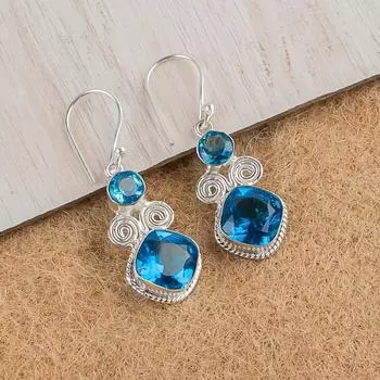 Швейцарский голубой топаз Драгоценный камень 925 Стерлинговое серебро Ювелирные изделия ручной работы Серьги 1,12 EE-69-2