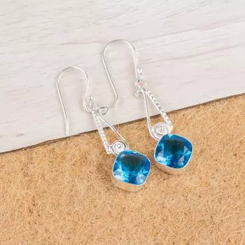 Швейцарский голубой топаз Драгоценный камень 925 Стерлинговое серебро Ювелирные изделия Ручной работы Серьги 1,90 EE-46-2