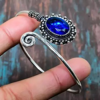 Швейцарский голубой топаз Драгоценный камень ручной работы Твердый браслет из стерлингового серебра 925 пробы Регулируемый Adjustable