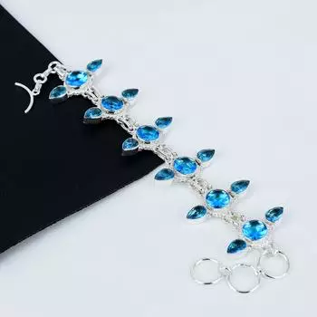 Швейцарский голубой топаз драгоценный камень ручной работы 925 стерлингового серебра ювелирные изделия браслет для подарков - голубой топаз драгоценный камень серебряный браслет с регулируемой цепочкой 8 синий