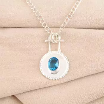 Швейцарский голубой топаз Драгоценный камень Серебряные украшения 925 пробы Ручной работы Женский кулон 1,4 PP-57-3