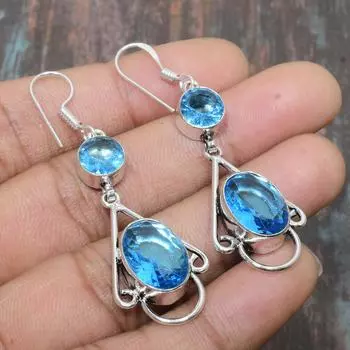 Швейцарский голубой топаз, драгоценный камень, стерлинговое серебро 925 пробы, красивые ювелирные серьги ручной работы 2.36 Inches синий