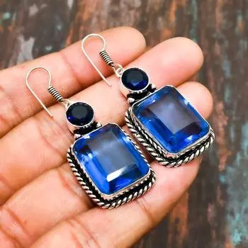 Швейцарский голубой топаз, драгоценный камень, ювелирные серьги ручной работы из стерлингового серебра 925 пробы на День Благодарения 2.00 Inches синий