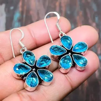 Швейцарский голубой топаз Gemstone 925 Sterling Silver Handmade Women Jewelry Earring 1.58 inches синий