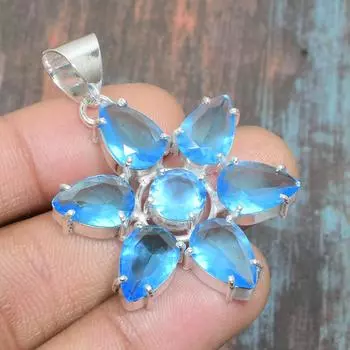 Швейцарский голубой топаз Gemstone Handmade 925 Серебряный кулон ювелирных изделий для нее 1.77 Inches