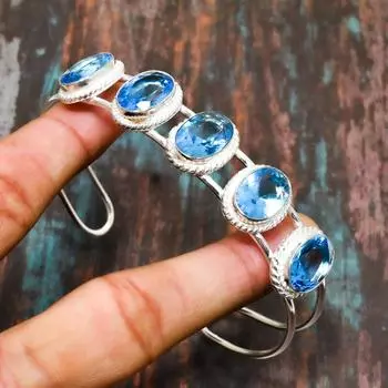 Швейцарский синий топаз, драгоценный камень ручной работы, ювелирный браслет из стерлингового серебра 925 пробы для женщин синий