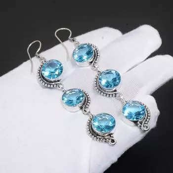 Швейцарский синий топаз, драгоценный камень, серьги из стерлингового серебра 925 пробы ручной работы, серьги со швейцарским голубым топазом для женщин, ювелирные изделия для подарков, ювелирные серьги ручной работы 2.55 синий