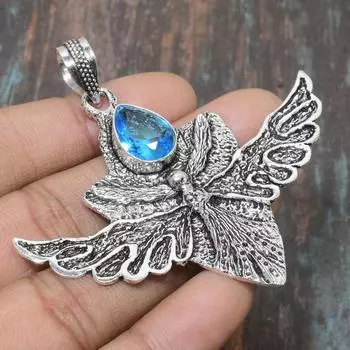 Швейцарский синий топаз, драгоценный камень, твердый стерлинговый серебр 925 пробы, замечательный ювелирный кулон ручной работы 2.56 Inches синий