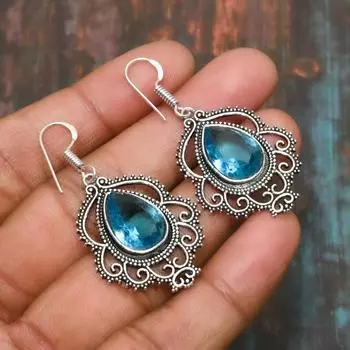 Швейцарский синий топаз, драгоценный камень, ювелирные изделия ручной работы, серьги из стерлингового серебра 925 пробы 1.77 Inches синий