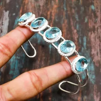 Швейцарский синий топаз, драгоценный камень, ювелирные изделия ручной работы, браслет из стерлингового серебра 925 пробы, регулируемый синий