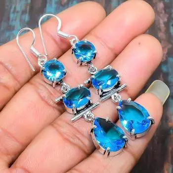 Швейцарский синий топаз Gemstone Handmade Solid 925 Sterling Silver Jewelry Earring 1.65 Inches синий