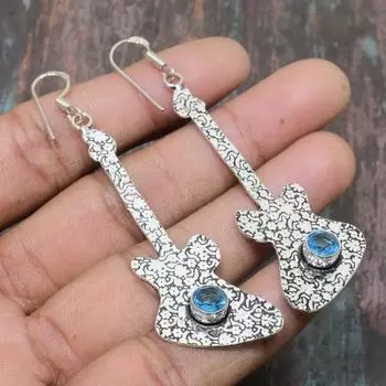 Швейцарский синий топаз Gemstone Handmade Solid 925 Sterling Silver Jewelry Earring 2.96 Inches синий