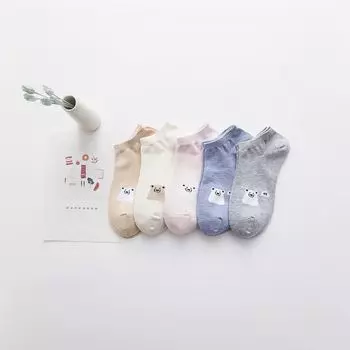SHXI 5 пар милых женских носков с низким паголенком, весна-лето, забавные носки из хлопка с надписью Hello и белым медведем, студенческие повседневные носки-следки One Size