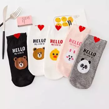 SHXI 5 пар женских носков с низким паголенком, милые хлопковые носки-лодочки, мультяшные носки с надписью Hello, с аватаром животного, с прямым рисунком, носки с надписью Love One Size
