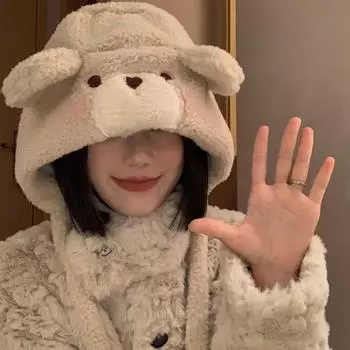 Shy bear hat/female autumn and winter warm thickened ear protectors plush Lei Feng hat cycling cute hat M56-58cm