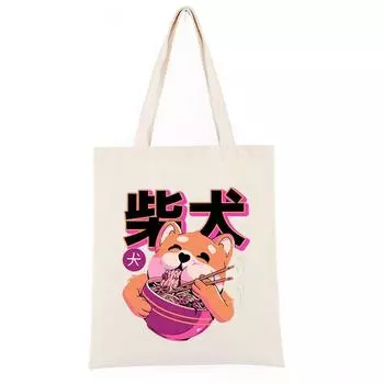Сиба-ину ест лапшу с героями мультфильмов, корейская холщовая сумка цвета хаки, черная сумка для покупок, кавайные женские сумки на плечо, винтажная сумка 24*26cm бежевый