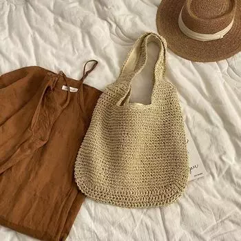 Side Shoulder Female Summer Seaside Vacation Weaving Straw Bag Beige
