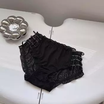 Side Slit with Letters Knickers Mature Sexy Lace Underwear for Women Mid Waist Without Lingerie Hip Compression Panties L чёрный