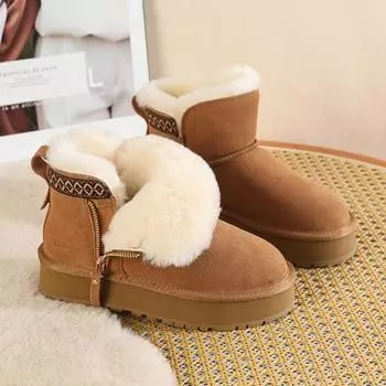 Side zipper thick-soled heightening snow boots women s ethnic style fleece fur integrated Northeast short tube thickened warm cotton shoes 60