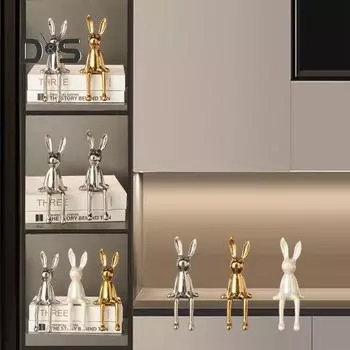 Сидящая фигурка кролика, длинные уши кролика, смоляная статуэтка, скульптура для домашнего офиса, книжной полки, рабочего стола, украшение для животных серебряный