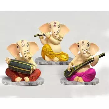 Сидящий Ганеша с музыкальными инструментами Декоративная статуэтка для домашнего декора - (Набор из 3 предметов, разноцветный)
