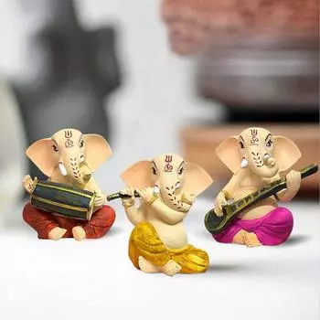 Сидящий Ганеша с музыкальными инструментами Декоративная статуэтка для домашнего декора - (Набор из 3 предметов, разноцветный)