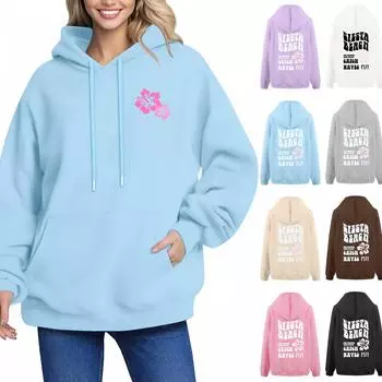 SIESTA BEACH WAVES 1971 Женская толстовка с капюшоном и мелким принтом с длинным рукавом и карманом Свободный пуловер Толстовка Верх XXXXXL кофейный