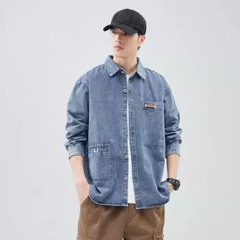 Сильная стирка в воде, жареная соль, джинсовая ткань, японский универсальный тренд, свободная удобная рубашка, куртка, черный, синий, серый, мода M