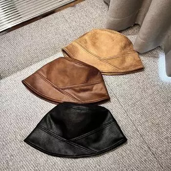 Сильный холодный ветер, высококачественный дизайн, простая шляпа-ведро, закрывающая лицо, показывающая лицо, маленькая кожаная прямая шляпа, универсальная для мужчин и женщин M56-58cm чёрный