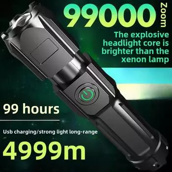 Сильный свет перезаряжаемый светильник супер яркий длинный луч зум небольшой портативный фонарик чёрный