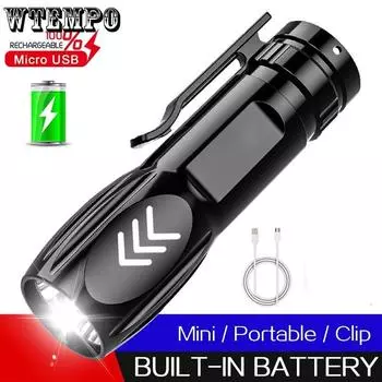 Сильный свет Удаленный светодиодный наружный домашний мини-USB зарядка Многофункциональный портативный фонарик из алюминиевого сплава чёрный