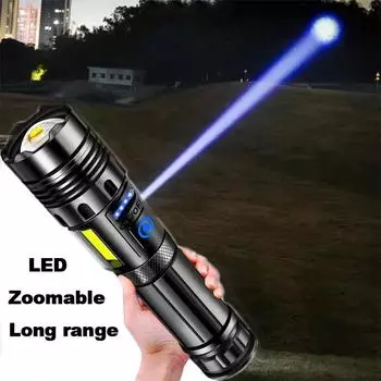 Сильный светодиодный фонарик, сверхмощный фонарик со встроенной батареей, перезаряжаемая лампа, портативная лампа COB, водонепроницаемый фонарик для кемпинга чёрный