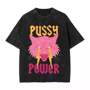 Сила киски Смешная кошка Выстиранная футболка Уличная мода Футболки Fugees Tiki Футболки Топы для мужчин женщин 100% хлопок Оверсайз S