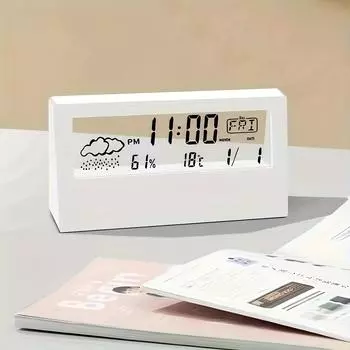 Silent LED Digital Clock with Weather, Temperature & Humidity Display - Battery-Powered Desk Alarm Clock for Home or Office чёрный