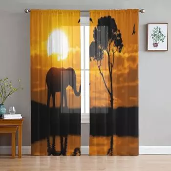 Silhouette Of Elephant Luxurious Chiffon Sheer Curtains for Living Room Bedroom Decoration Window Voiles Tulle Curtain 135W x 114H(cm)