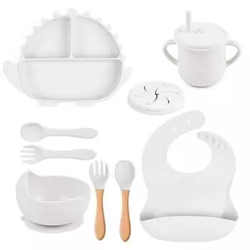 Silicone Bowl Set Can Not Break The Three-panel Silicone Dinosaur Plate Baby Food Plate Baby Tableware 9pcs