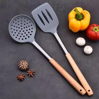 Silicone Cooking Utensils Wooden Handle Heat Resistance Silicone Kitchen Gadgets Heat Resistant Non-stick Kitchen Utensils