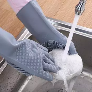 Silicone Dishwashing Gloves Dishwashing and Laundry Insulated Kitchen Cleaning Household Gloves Pet Bathing Gloves синий
