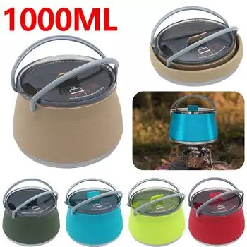 Silicone Folding Kettle Camping Teapot 1L Portable Coffee Tea Cooker Collapsible Boiling Water Pot with Handle Camping Supplies синий